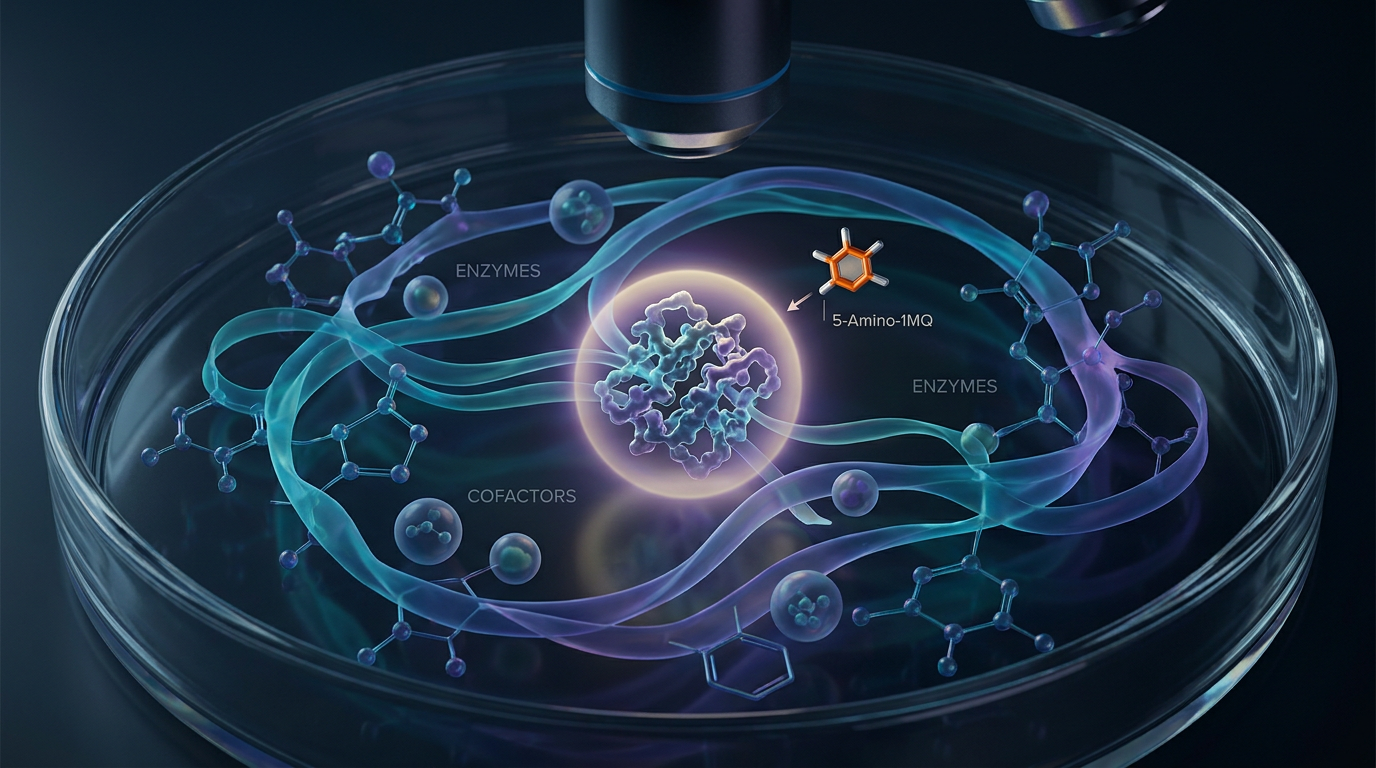 Abstract cellular metabolic pathways illustrating the action of 5-Amino-1MQ on NNMT, highlighting its role in metabolic research and the importance of compound purity.