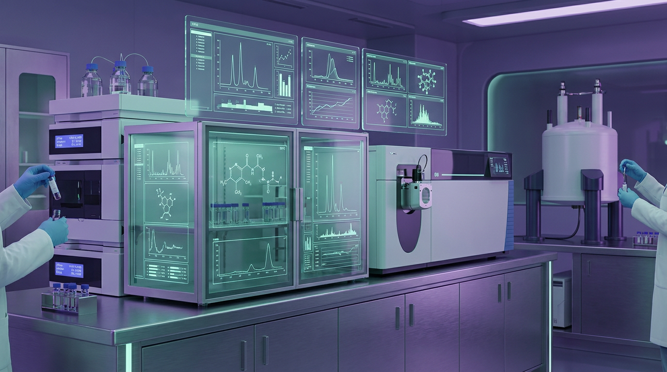 A research laboratory showcasing advanced analytical equipment used for peptide purity testing, including HPLC, MS, and NMR, vital for verifying 5-Amino-1MQ quality.