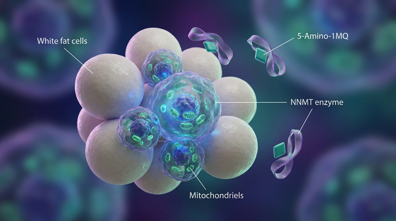 Microscopic view of adipose tissue, showing white fat cells alongside 'browning' cells with dense mitochondria, illustrating metabolic changes influenced by 5-Amino-1MQ research.