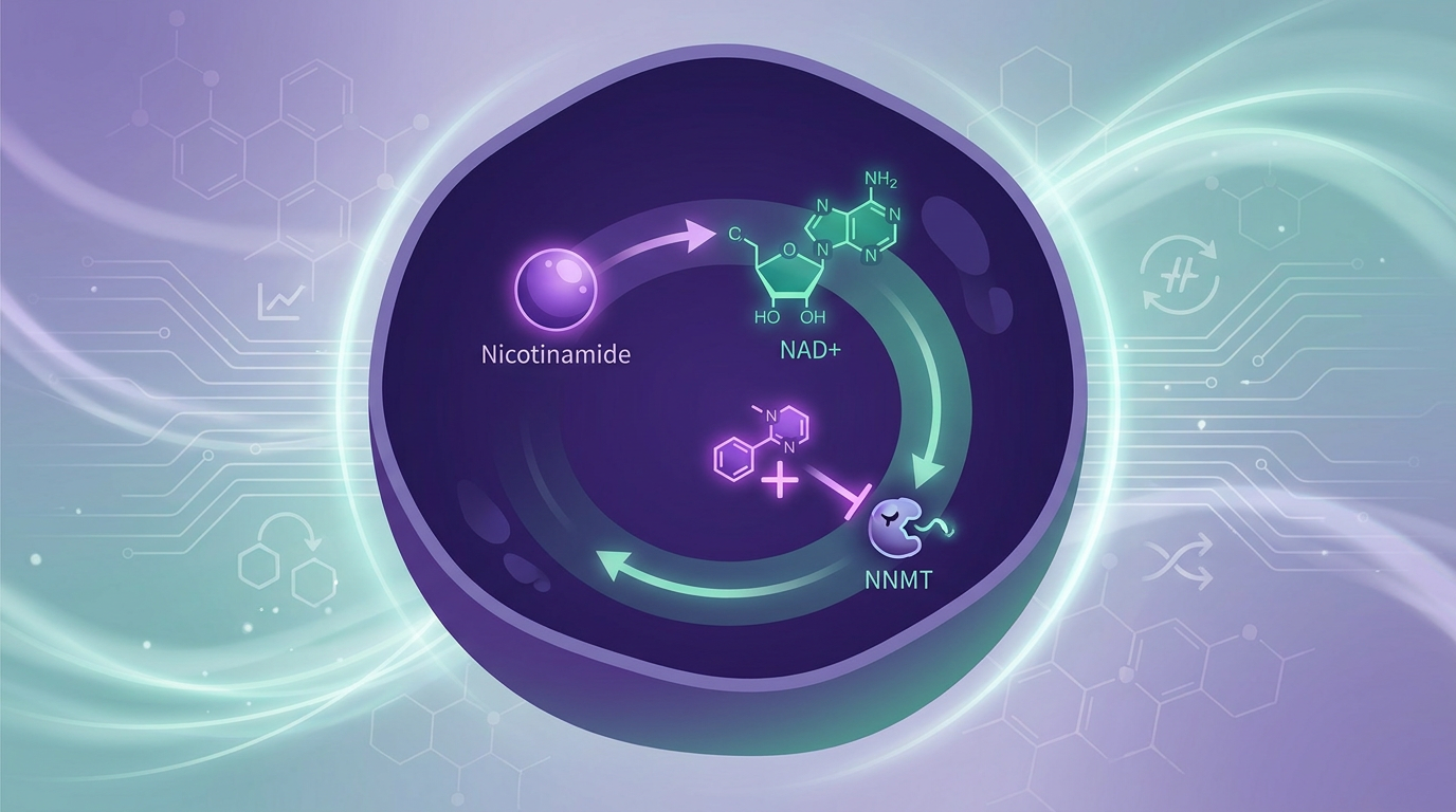 Cellular diagram depicting the NAD+ salvage pathway, with 5-Amino-1MQ blocking NNMT, illustrating increased NAD+ availability for metabolic research.