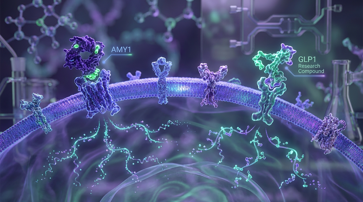 Conceptual depiction of various research peptides, including a GLP1 research compound, binding to their specific cellular receptors and initiating distinct signaling cascades