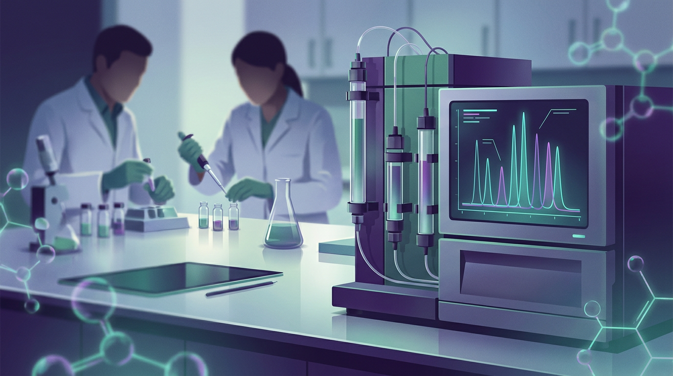 A laboratory scene showing an HPLC machine displaying a chromatogram, symbolizing the critical role of HPLC tested peptides in ensuring purity and accuracy for metabolic research experiments with AMY1.