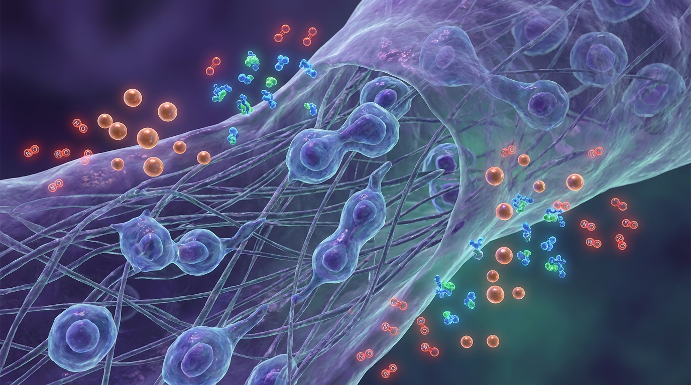 Microscopic view of cellular regeneration, with fibroblasts and endothelial cells interacting within a healing extracellular matrix, symbolizing the regenerative processes influenced by amylin research compound and related peptides in tissu