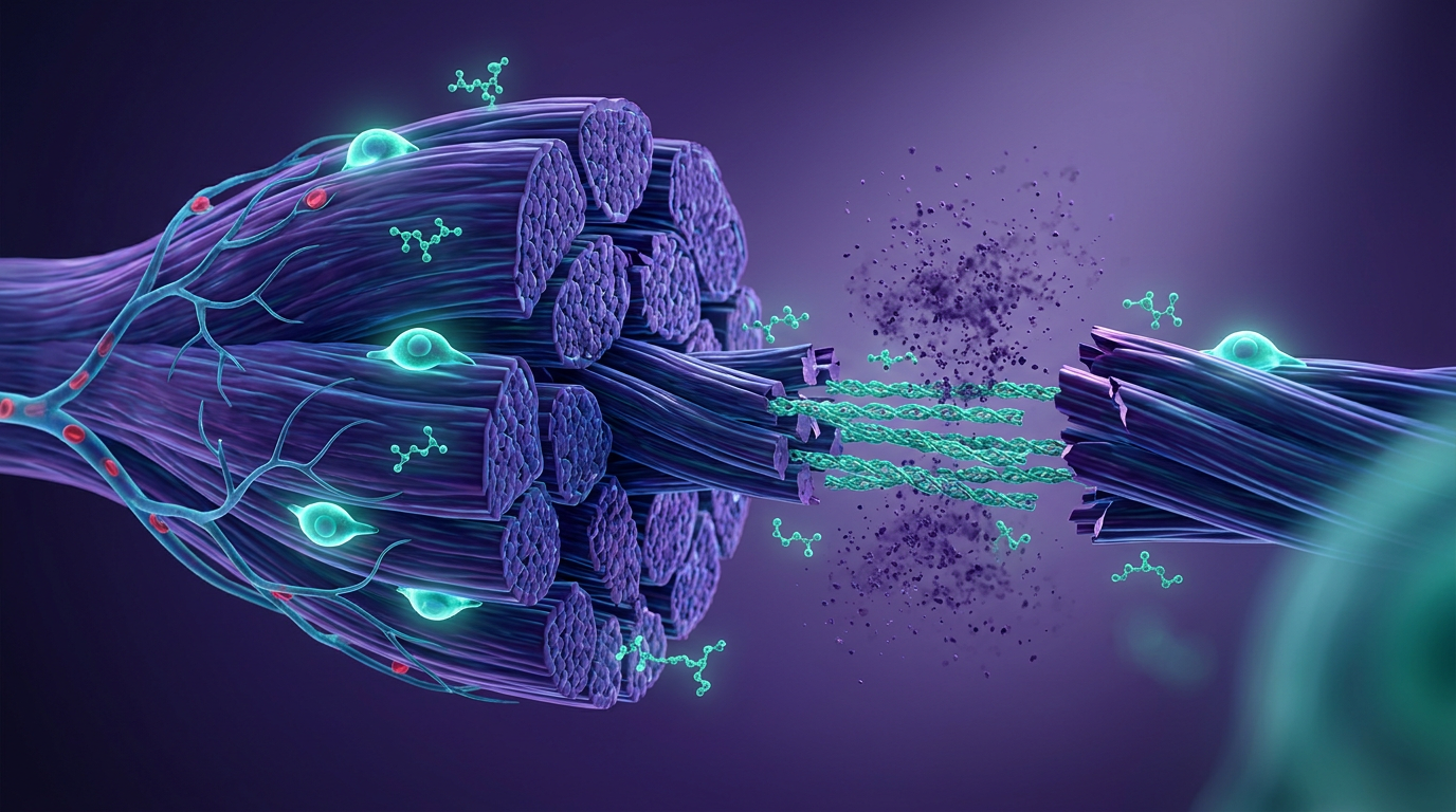 Detailed scientific illustration depicting the intricate cellular mechanisms of tissue repair, including angiogenesis and collagen synthesis, representing how various research compounds, like the amylin research compound and others, contrib