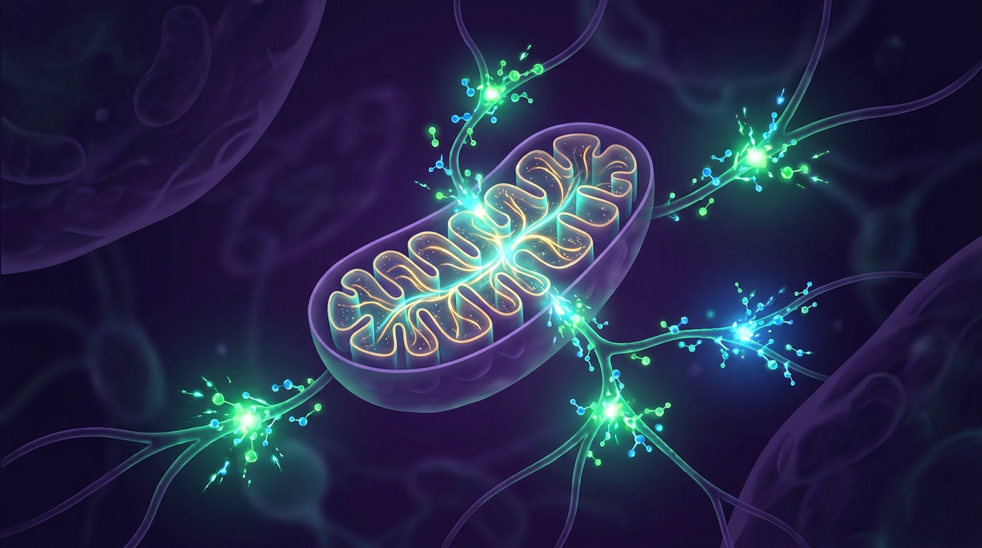 A detailed illustration of a healthy mitochondrion, glowing with energetic pathways, symbolizing efficient cellular energy production, central to BPC-157 evidence research.