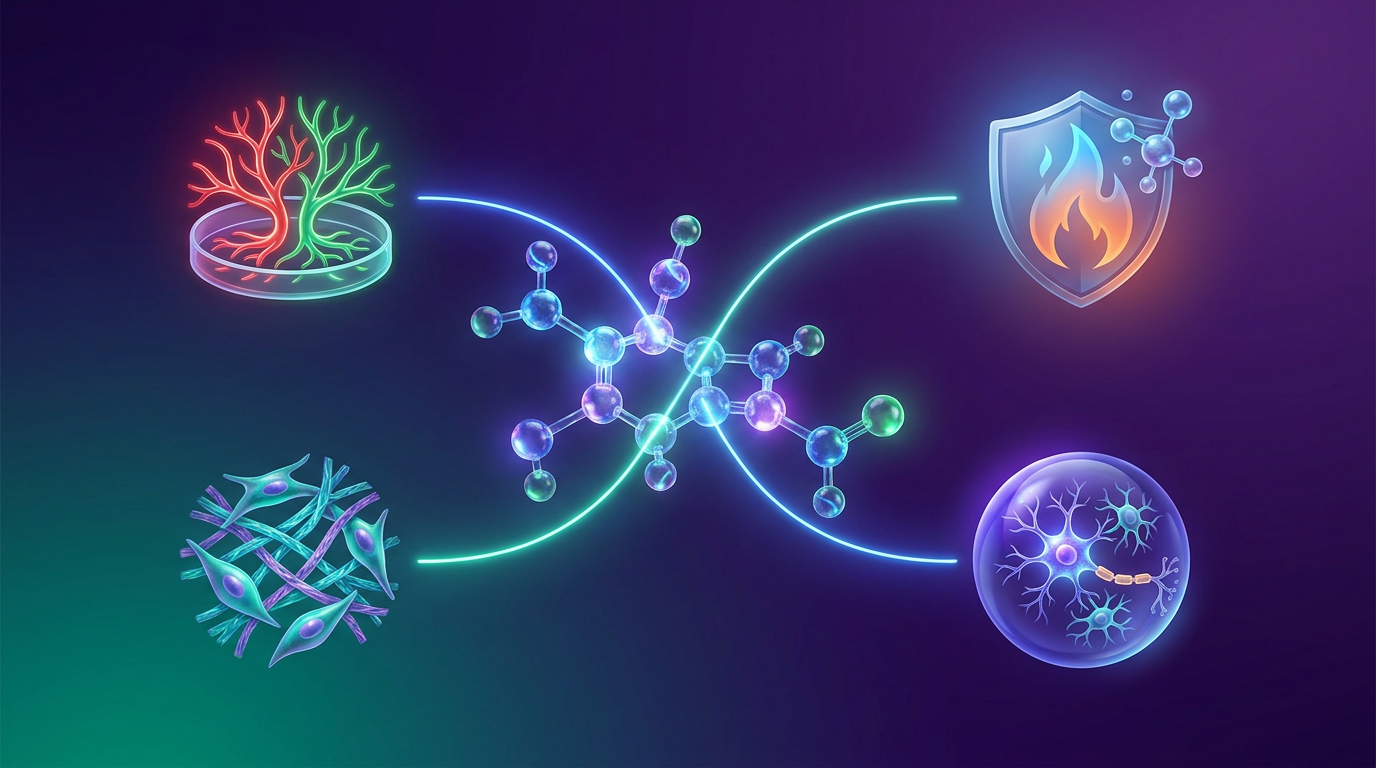 Infographic illustrating BPC-157's multifaceted mechanisms, showing molecular pathways influencing angiogenesis, inflammation reduction, fibroblast activation, and neuroprotection, key research areas for lab peptides in Europe.