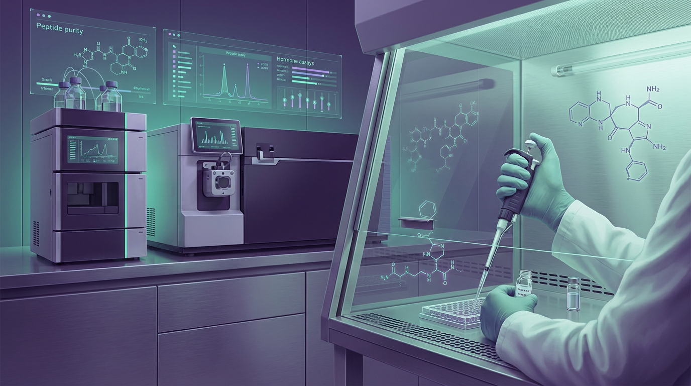 A scientist in a sterile laboratory conducting precise peptide research, using advanced analytical equipment for purity and hormone assays, highlighting the rigor of growth hormone axis research.