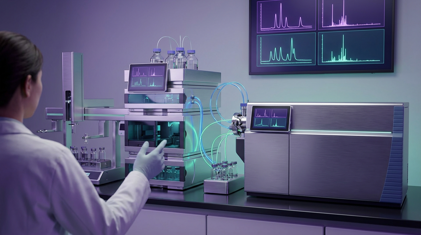 A scientist meticulously analyzing complex data from advanced instruments to verify peptide purity testing results for cognitive research peptides in a sterile laboratory.