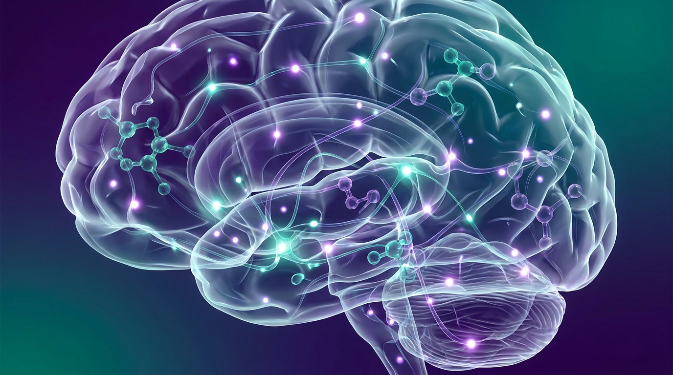 An intricate network of glowing neural pathways intertwined with molecular representations of research peptides, symbolizing their role in cognitive function and neurological research.