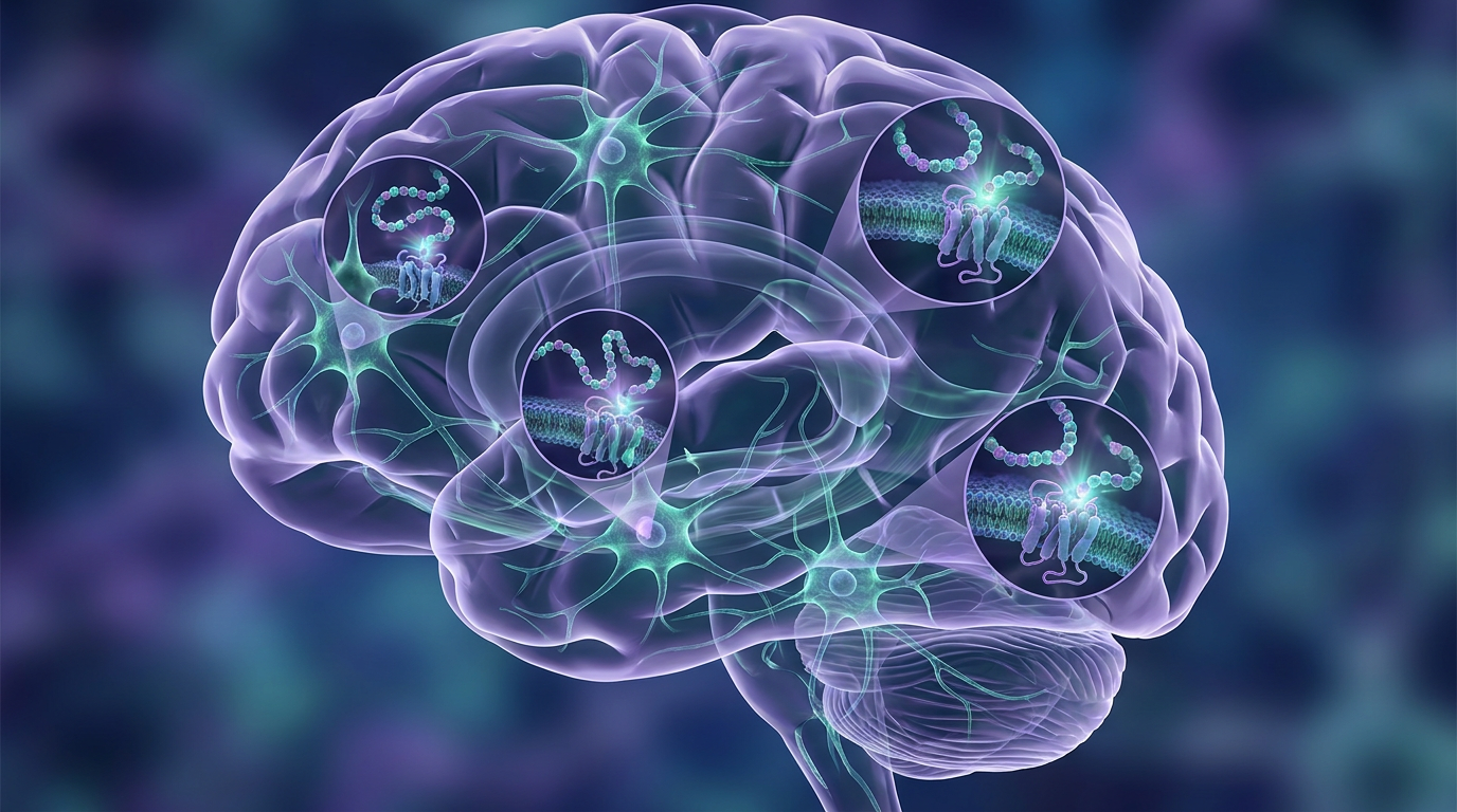 An intricate depiction of neural networks and microscopic peptide research interactions with brain cells, illustrating the proposed mechanisms of action for neuroactive peptides.
