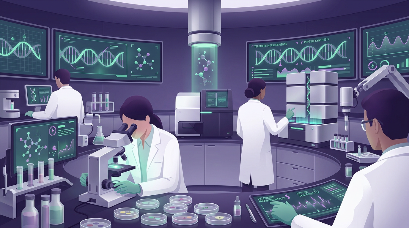 Scientific laboratory with researchers performing experiments on DNA and telomeres, representing the meticulous work in epitalon longevity research.