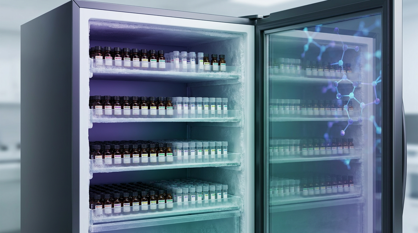 Organized -80C lab freezer displaying rows of labeled, aliquoted GHK-Cu research peptide solutions in vials for long-term storage.