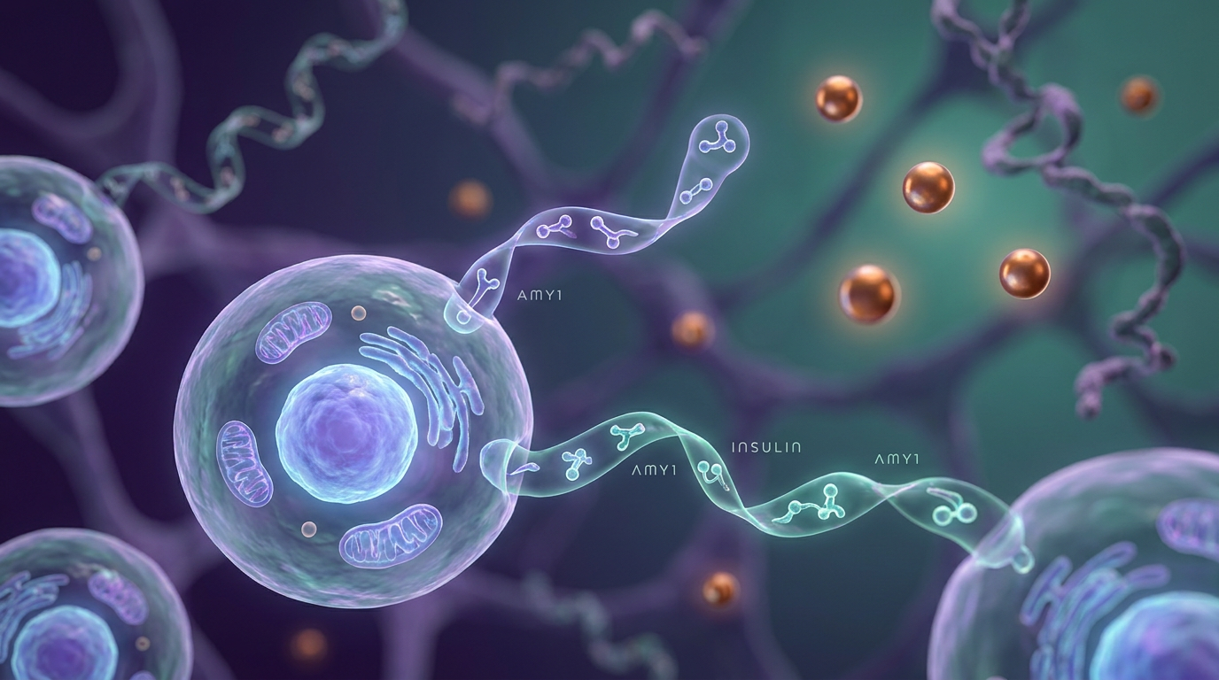 Detailed microscopic imagery of healthy pancreatic beta cells, illustrating the co-secretion of amylin (AMY1) and insulin, with an underlying subtle visual representation of copper peptides like the GHK-Cu research peptide supporting cellul