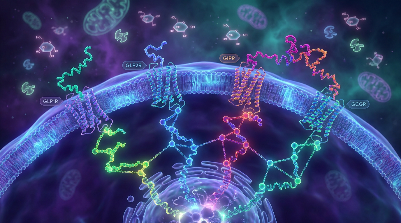 Scientific illustration showing GLP1, GLP2, GIP, and glucagon receptors on a cell membrane, with their respective peptide ligands binding and activating intricate intracellular signaling pathways, crucial for understanding metabolic researc