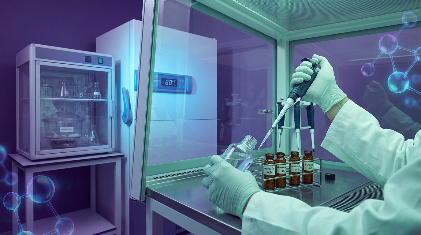 A scientist in a sterile lab setting, meticulously aliquoting peptide solutions into labeled amber vials, with a -80C freezer and desiccator in the background, illustrating best practices for a comprehensive peptide storage guide for resear