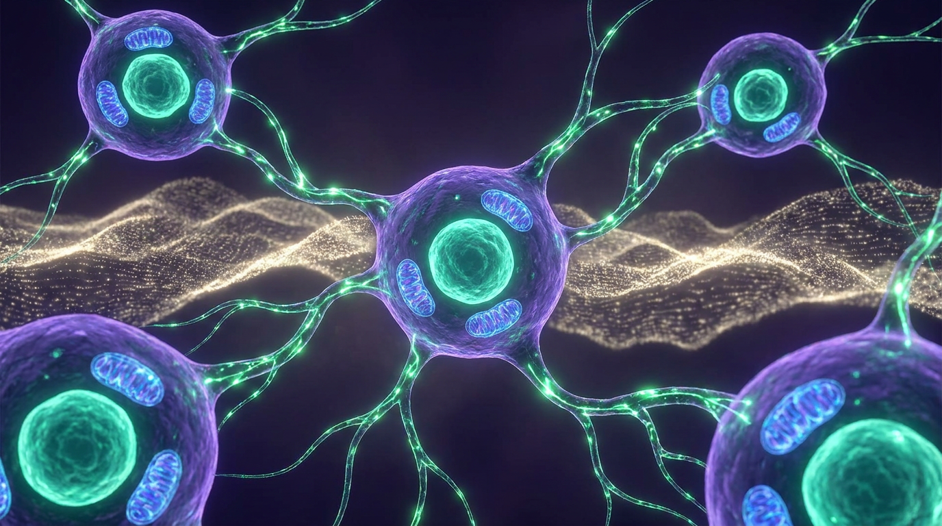 A microscopic view of human cells showing glowing blue mitochondria connected by green NAD+ energy pathways, with a subtle shimmer representing the GLP3 research compound's metabolic influence, illustrating cellular energy and longevity.