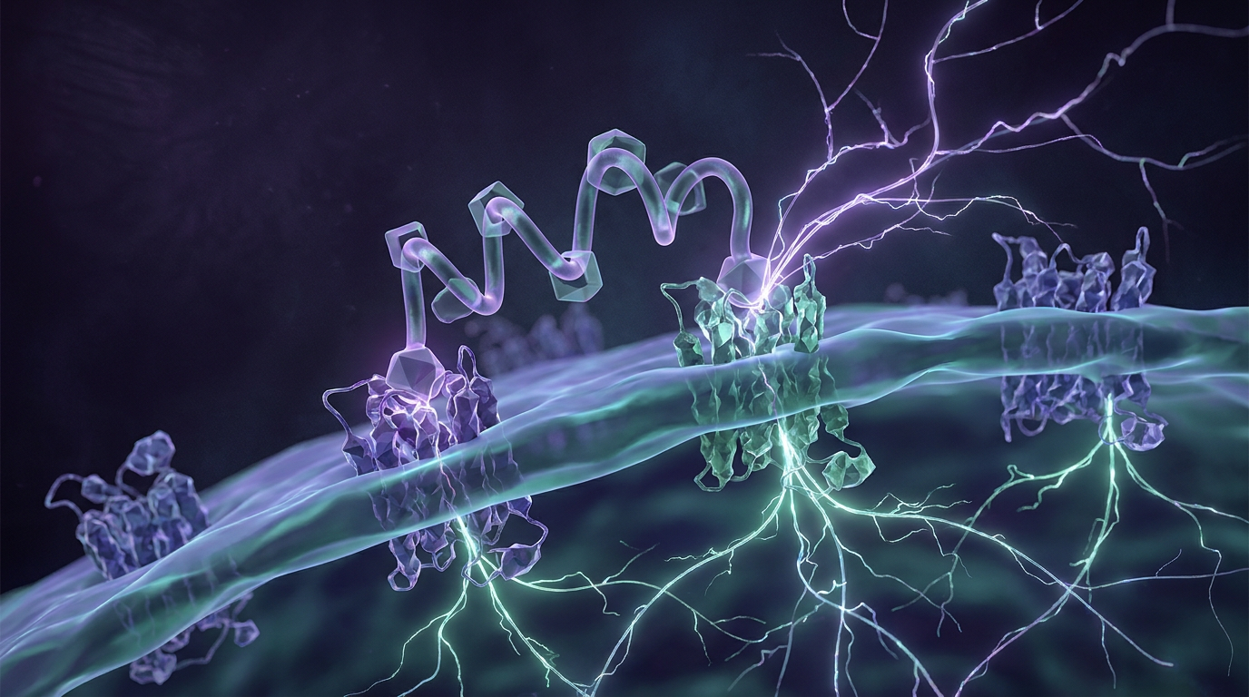 An abstract illustration of the GLP3 research compound, a multi-receptor peptide, engaging with various cell surface receptors, showing radiating energy fluxes and signaling cascades that symbolize metabolic modulation and cellular energy p