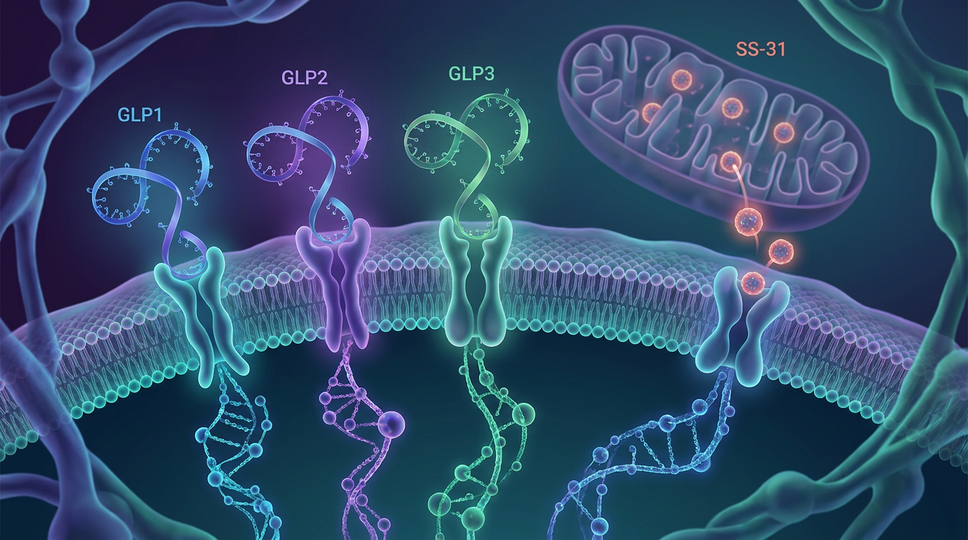 Detailed molecular illustration depicting GLP1, GLP2, and GLP3 peptides binding to distinct cell surface receptors, with signaling cascades initiating within the cell. In the background, the SS-31 mitochondrial peptide is shown directly ent
