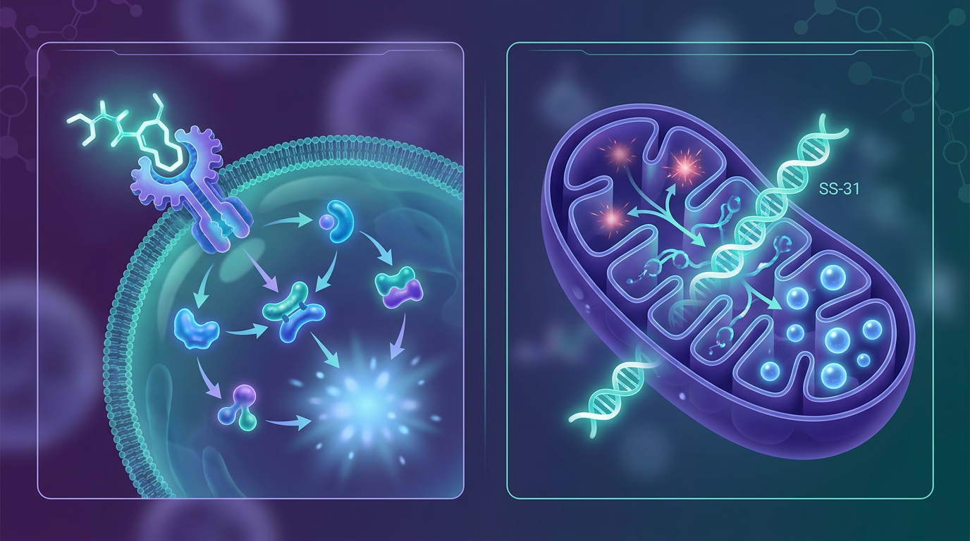 A comparative diagram illustrating receptor-mediated peptide signaling versus direct mitochondrial modulation by SS-31, showcasing the distinct mechanisms through which peptides influence cellular function, crucial for understanding the SS-