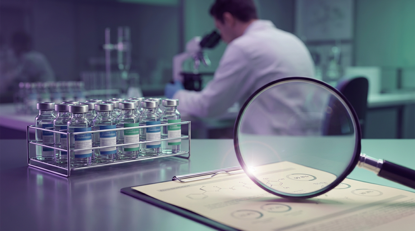 A close-up of a certificate of analysis document detailing peptide purity and identity, vital for ensuring the quality of certificate of analysis peptides used in growth hormone axis research.