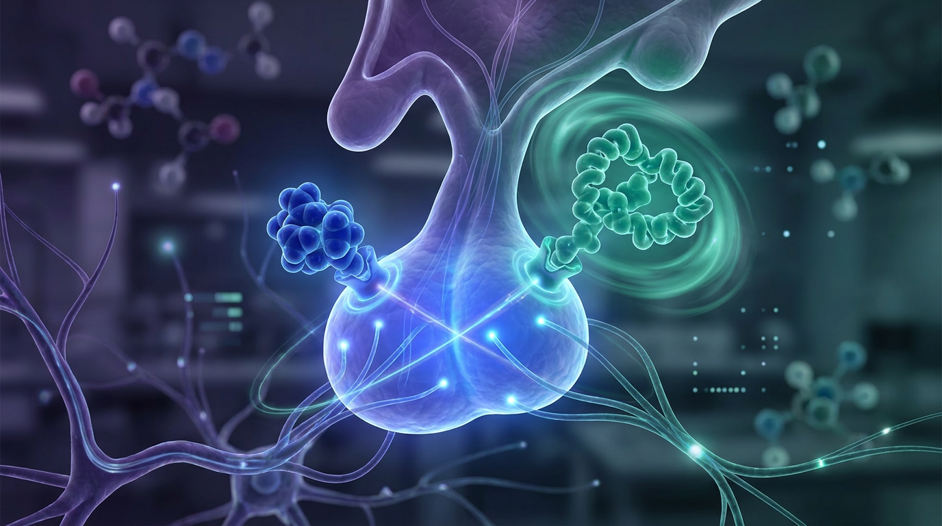 An illustration depicting the distinct molecular mechanisms of Ipamorelin and CJC-1295 acting on pituitary receptors to stimulate growth hormone release, central to growth hormone axis research.
