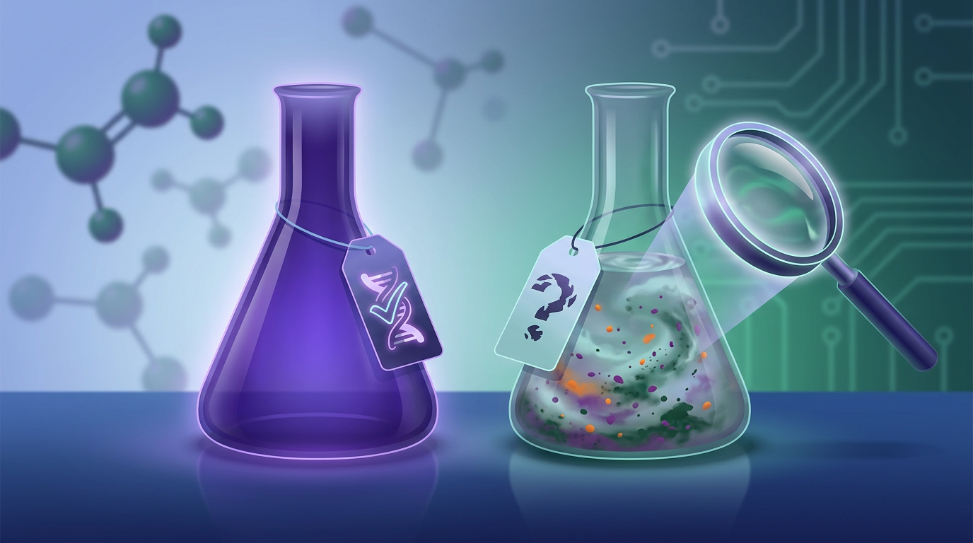 Conceptual image contrasting a clear flask of 'Verified BPC-157' with a murky 'Unverified BPC-157' flask, highlighting the impact of purity on research reliability and the importance of BPC-157 evidence integrity.