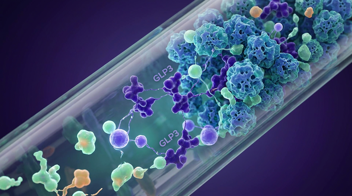 Microscopic visualization of diverse molecules, including a GLP3 research compound, undergoing chromatographic separation within a column, illustrating the principle of purity analysis.