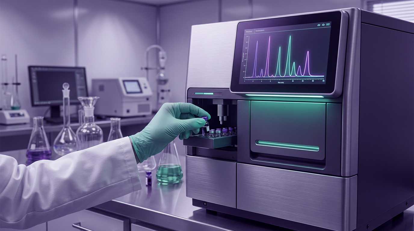 A scientist meticulously operates an HPLC machine, displaying a complex chromatogram with peaks, symbolizing precise verification of research peptides in a UK laboratory.