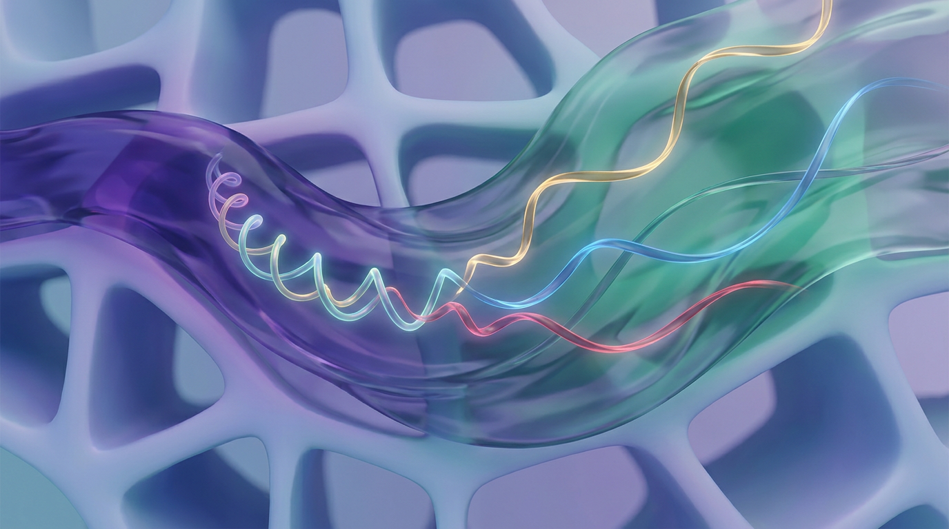 Abstract representation of peptides being separated by chromatographic forces, showing colorful strands resolving distinct components, symbolizing the purity of research peptides.