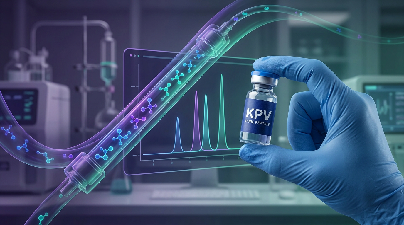 Abstract visualization of High-Performance Liquid Chromatography separating components, with a researcher holding a vial of pure KPV, symbolizing the importance of HPLC tested peptides in research.