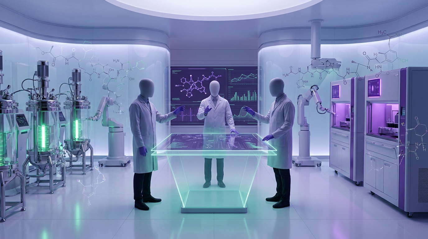 A clinical laboratory setting with researchers studying anti-inflammatory peptide signalling with advanced lab peptides equipment