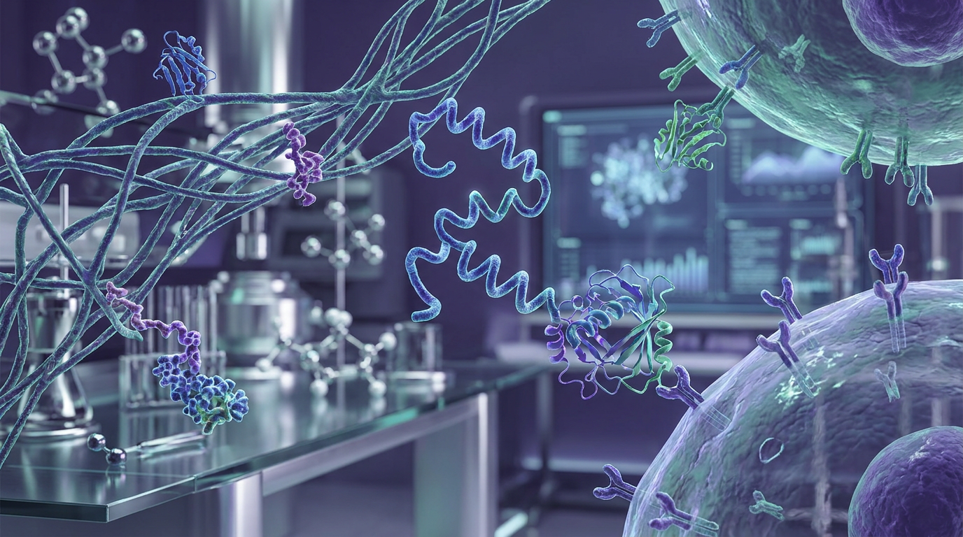 Complex molecular interactions of KPV peptide research, BPC-157, and TB-500 with cellular components, illustrating mechanisms of action in a dynamic, high-tech lab setting