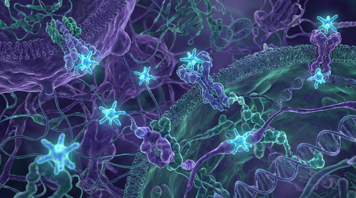 Microscopic view illustrating KPV peptide research, showing tiny peptide molecules interacting with a cellular signaling pathway, highlighting intricate molecular mechanisms.