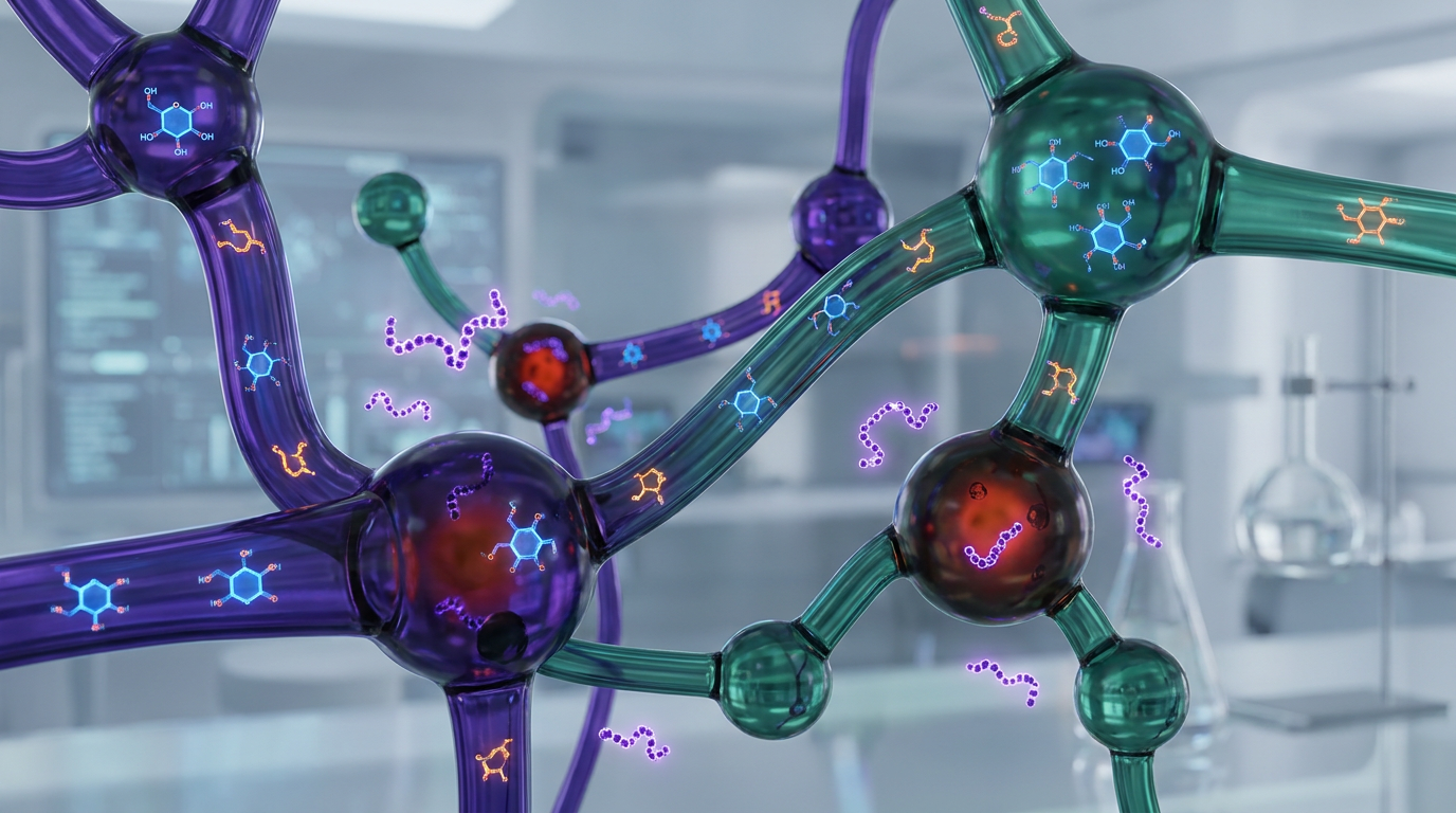 Conceptual illustration of metabolic signaling pathways with KPV peptide influence, depicting glucose and lipids moving through a network of cellular processes and key inflammatory nodes.
