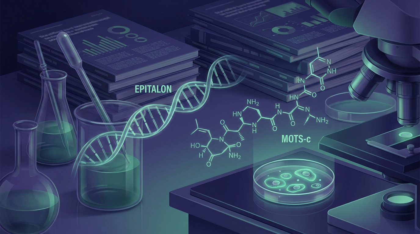 tesamorelin research peptide illustration for the article Longevity Peptide Research: Epitalon, MOTS-c, and Tesamorelin