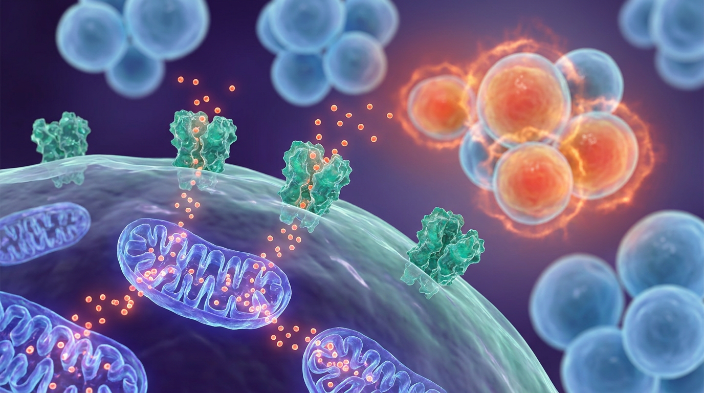 Illustrative depiction of MOTS-c research peptide molecules signaling from mitochondria to cellular receptors, influencing adipose tissue browning and metabolic regulation.