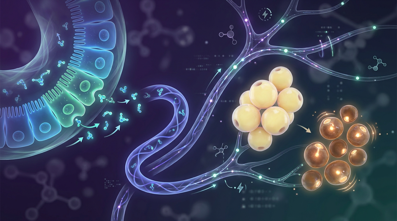 Conceptual image illustrating incretin research compounds like GLP1 and GLP2 originating from the gut and impacting adipose tissue remodeling and metabolic function.