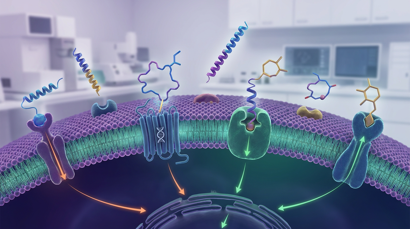 Molecular depiction of CJC-1295 ipamorelin research peptides binding to specific cellular receptors, illustrating their diverse mechanisms of action and signaling pathways.