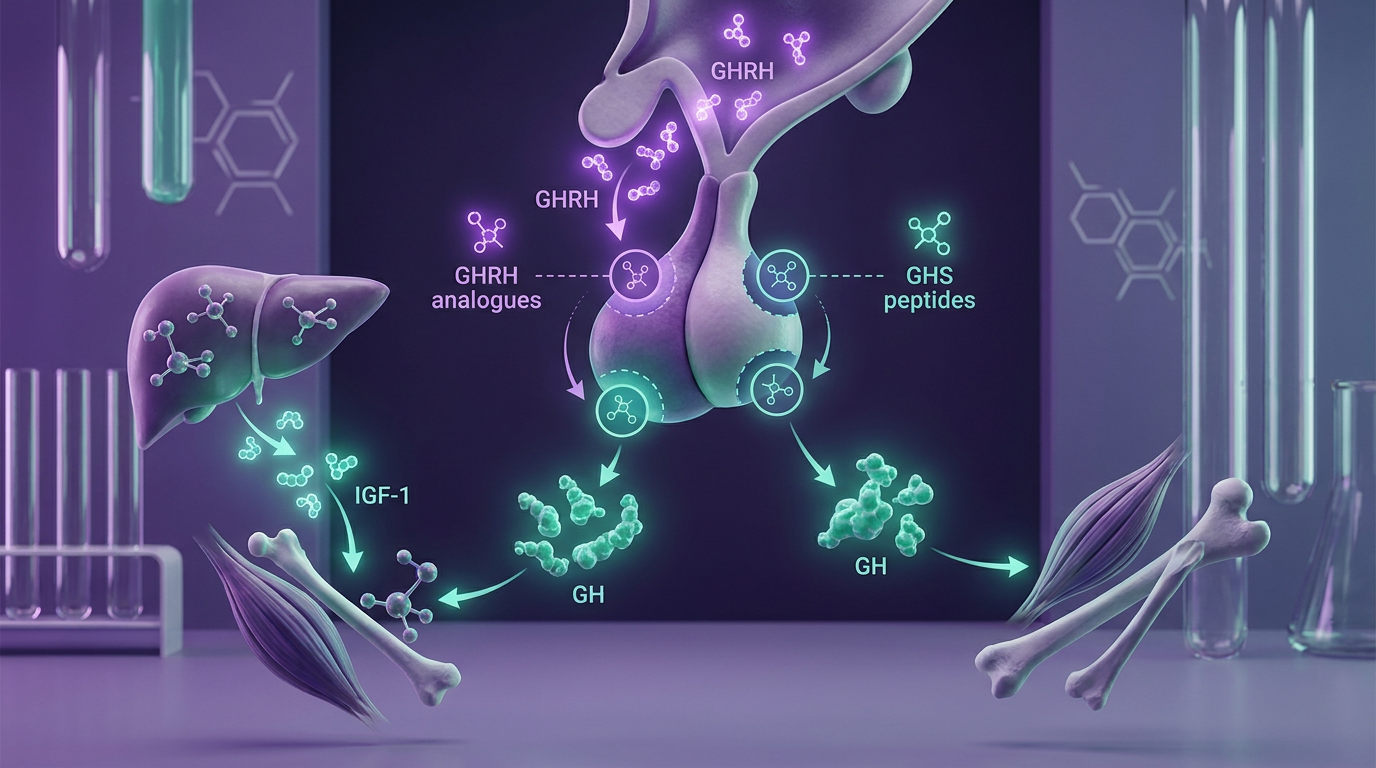 Diagram showing the somatotropic axis, illustrating the distinct mechanisms of GHRH analogues and growth hormone secretagogues in regulating growth hormone secretion, relevant to CJC-1295 ipamorelin research.