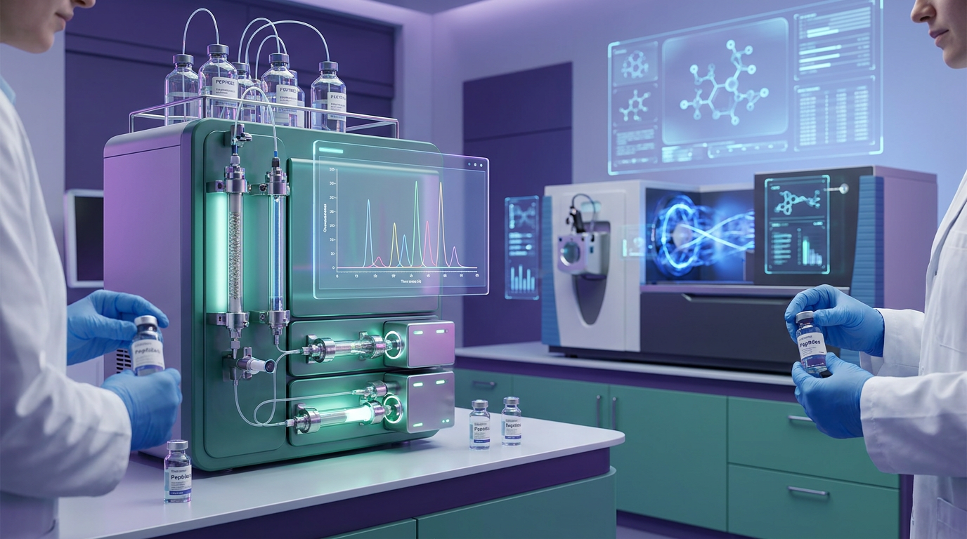 Scientists precisely operating advanced HPLC and mass spectrometry instruments in a futuristic lab, ensuring peptide purity for critical research experiments, following a strict peptide storage guide.