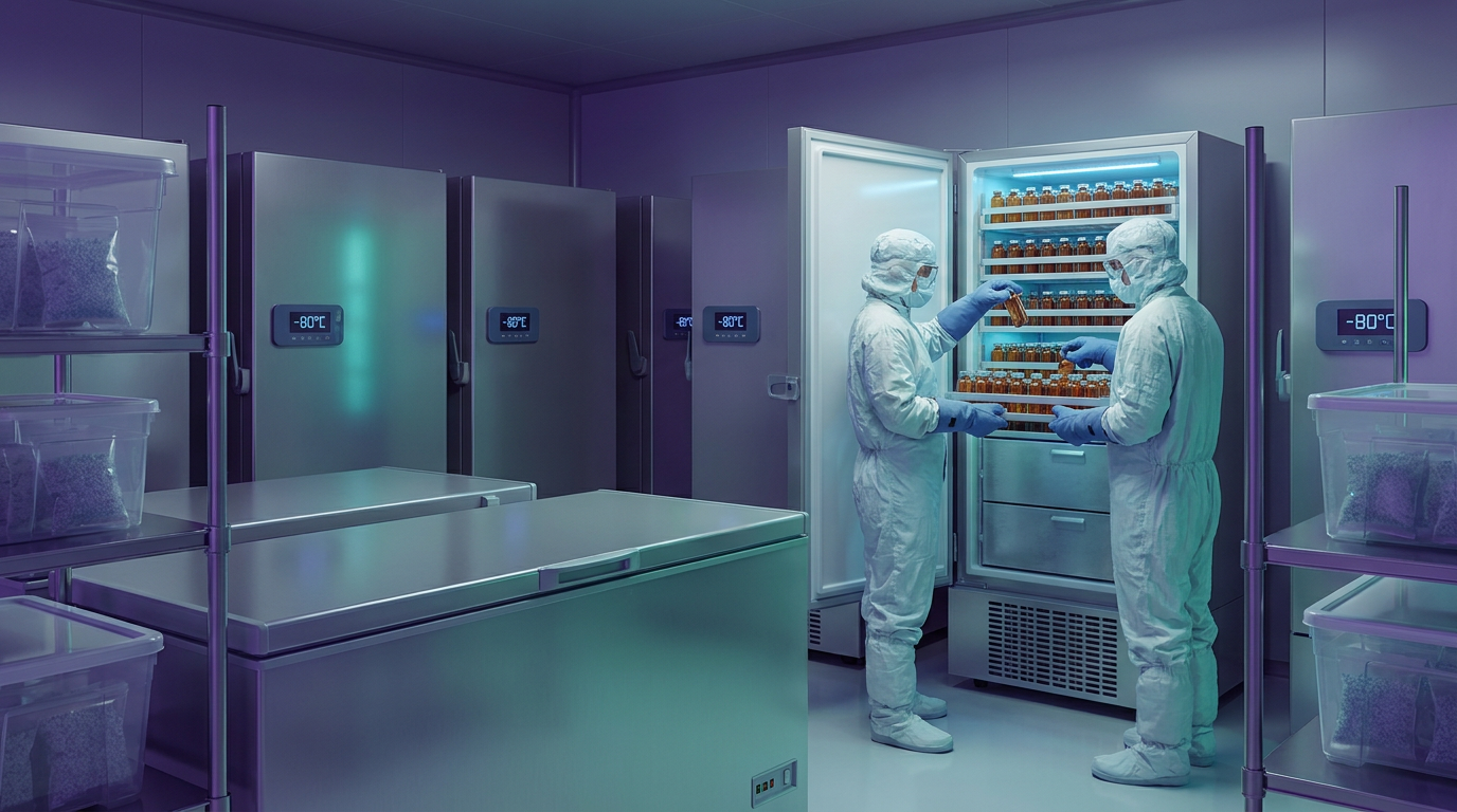 Scientists meticulously organize and store peptide vials in ultra-low temperature freezers (-80°C) within a sterile, climate-controlled lab, adhering to a comprehensive peptide storage guide to maintain sample integrity.