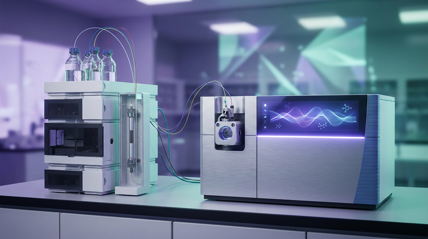 An advanced laboratory setup featuring an HPLC system seamlessly integrated with a mass spectrometer, symbolizing the precision required for tesamorelin research peptide purity analysis and quality control.