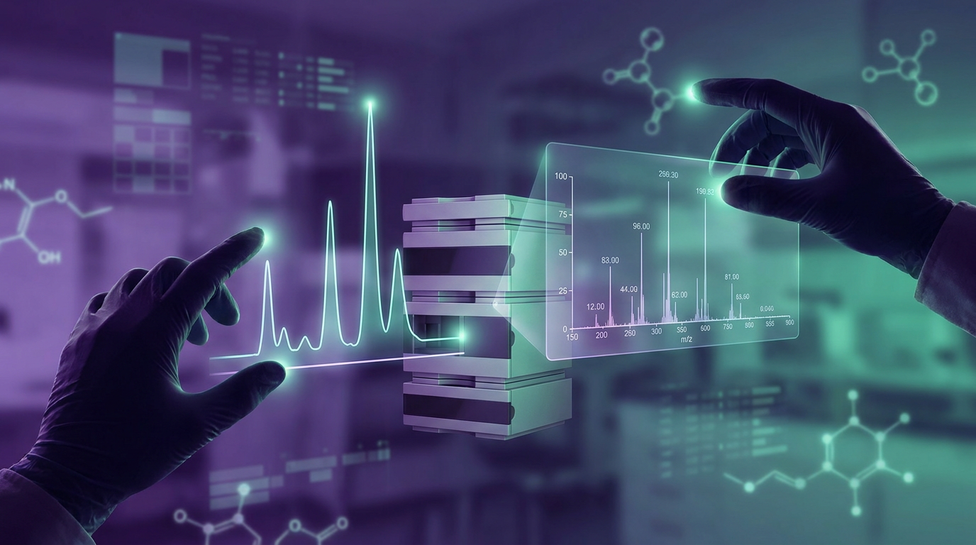 A visual representation of data interpretation from HPLC and mass spectrometry, showing chromatograms and mass spectra, highlighting the rigorous analytical processes for verifying tesamorelin research peptide quality.