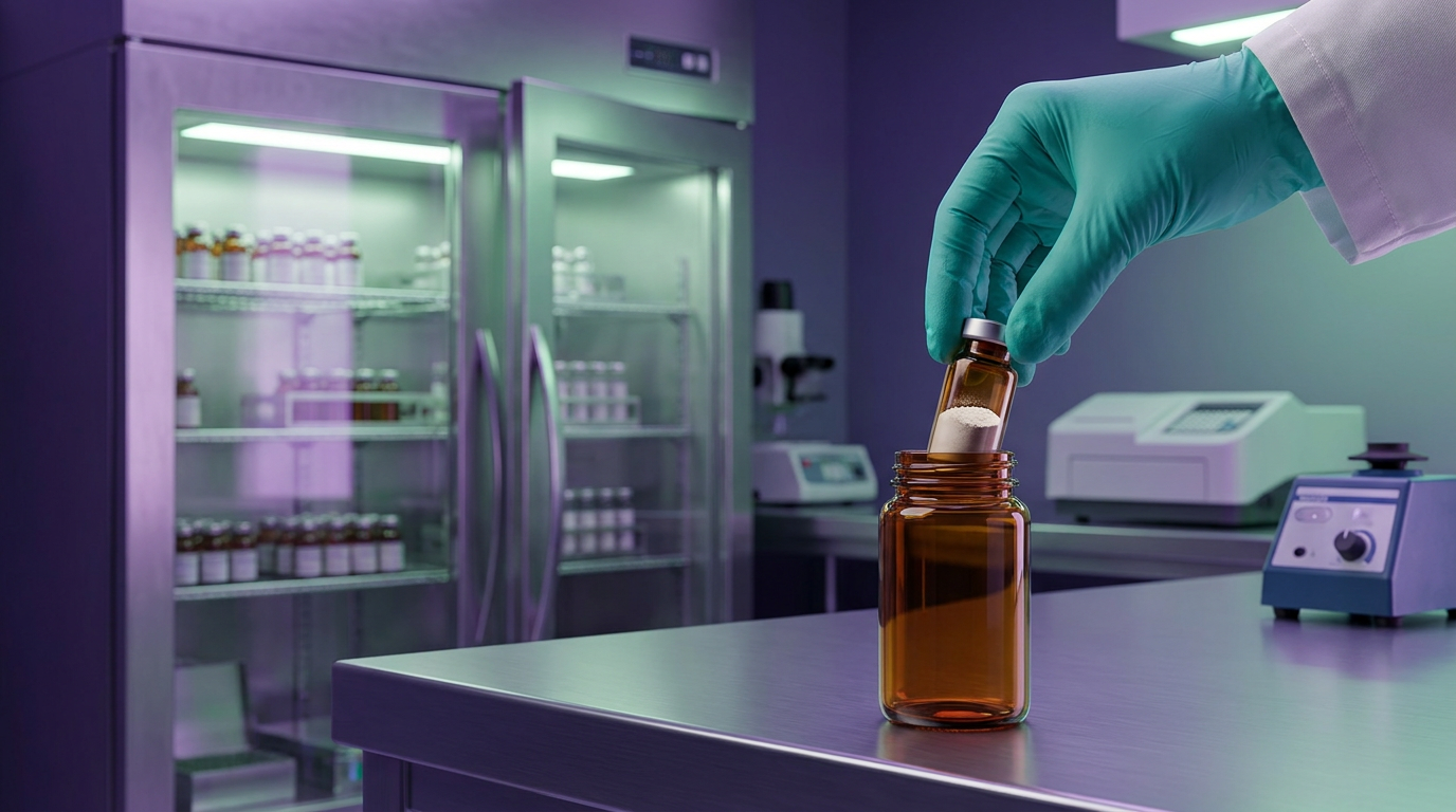 A researcher handling vials of HPLC tested peptides in a controlled laboratory environment, emphasizing careful storage in a scientific freezer.