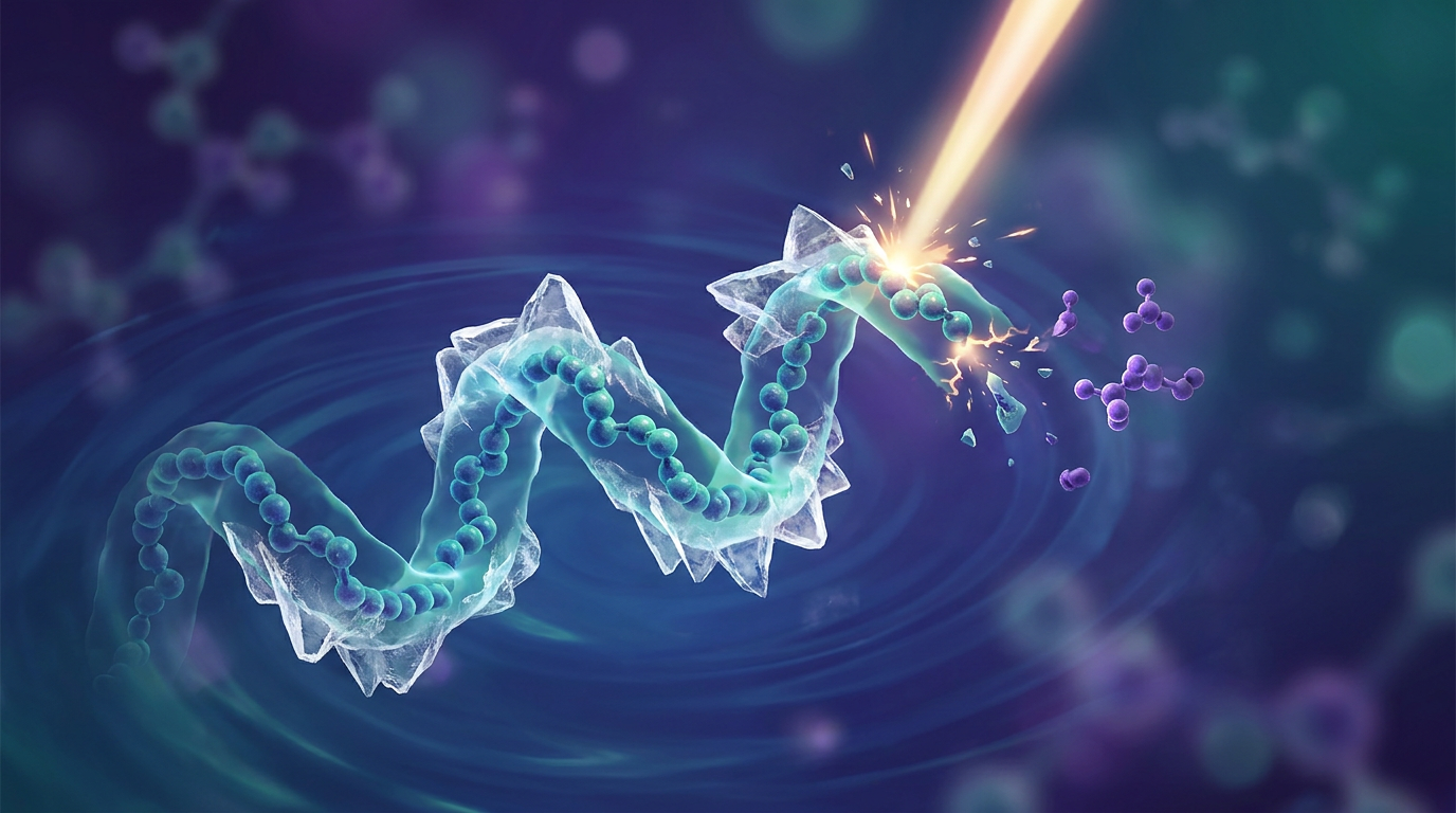 Molecular representation of peptide degradation under various stressors, including ice crystal formation from freeze-thaw cycles and chemical changes from light exposure, impacting HPLC tested peptides.