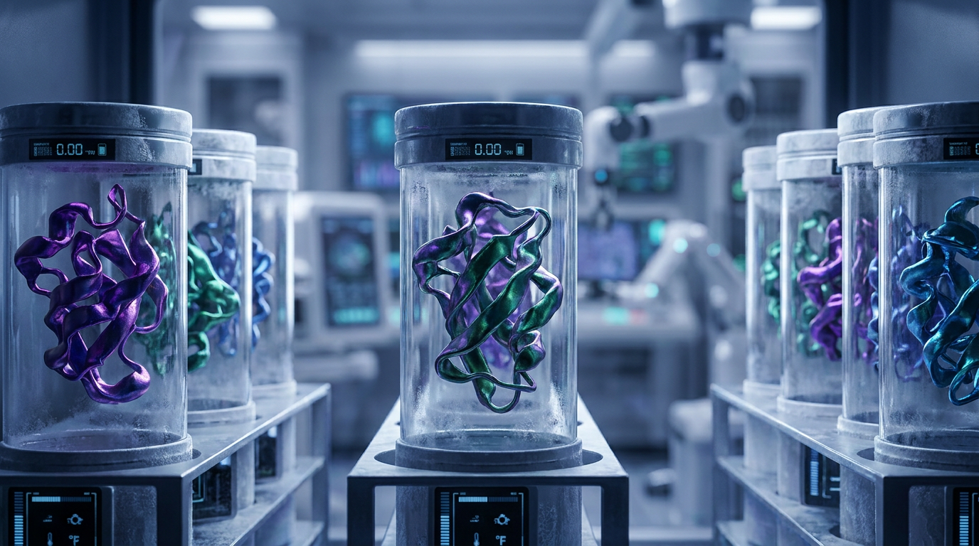 Intricately folded peptide structures, representing GHK-Cu, BPC-157, and TB-500, visible within pristine, frost-covered vials in a high-tech lab freezer, illustrating optimal peptide storage guide principles for research integrity.