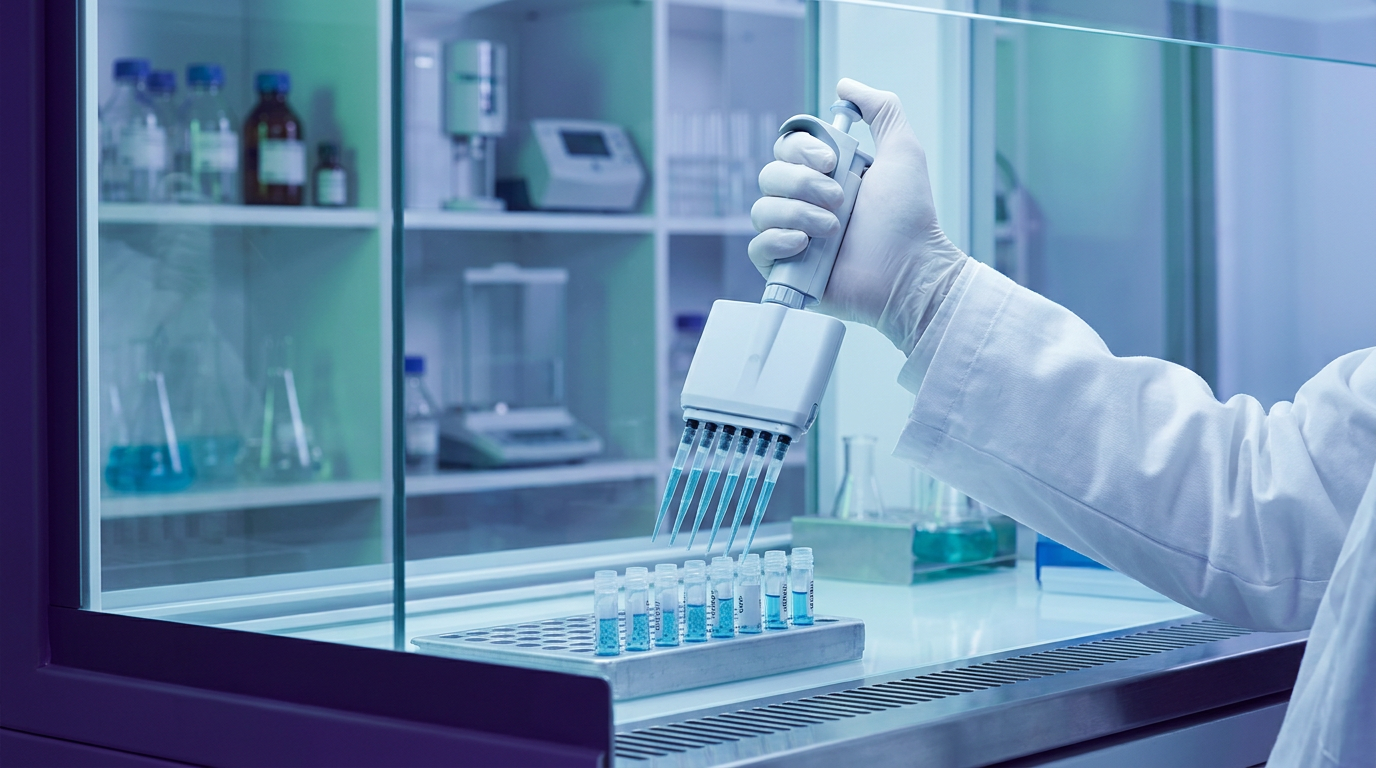 A skilled researcher precisely aliquots reconstituted peptides, possibly BPC-157 or TB-500, into sterile cryovials within a laminar flow hood, demonstrating critical steps in a laboratory peptide storage guide for maintaining stability and