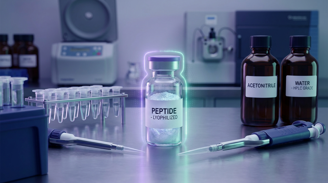 A close-up of a lyophilized peptide vial in a sterile lab, with pipettes and solvents, illustrating precision in peptide purity testing and handling.