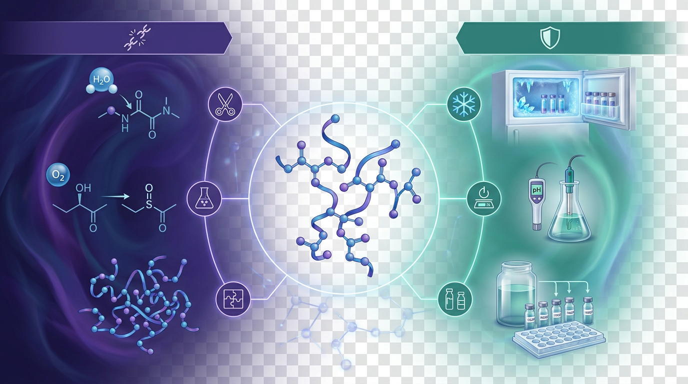 An infographic showing peptide degradation pathways vs. protective measures like cold storage and pH buffering, crucial for maintaining peptide purity.