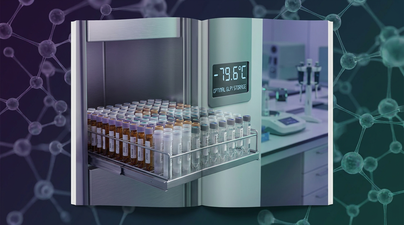 An organized laboratory freezer with rows of labeled cryovials, demonstrating meticulous storage practices for GLP1 research compounds to ensure long-term stability and prevent degradation.